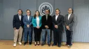 Foto oficial del acto de posesión: de izquierda a derecha, Camilo Rocha Niño, vicerrector académico; Harold Suárez Barón, director Programa de Biología; Kathleen Salazar Serna, directora Especialización en Movilidad y Transporte Urbano Sostenible; Luis E. Tobón Llano, director Doctorado en Ingeniería y Ciencias Aplicadas; Pablo Rubén Vernaza, secretario general de la Seccional y Mateo López Victoria, decano Facultad de Ingeniería y Ciencias. 